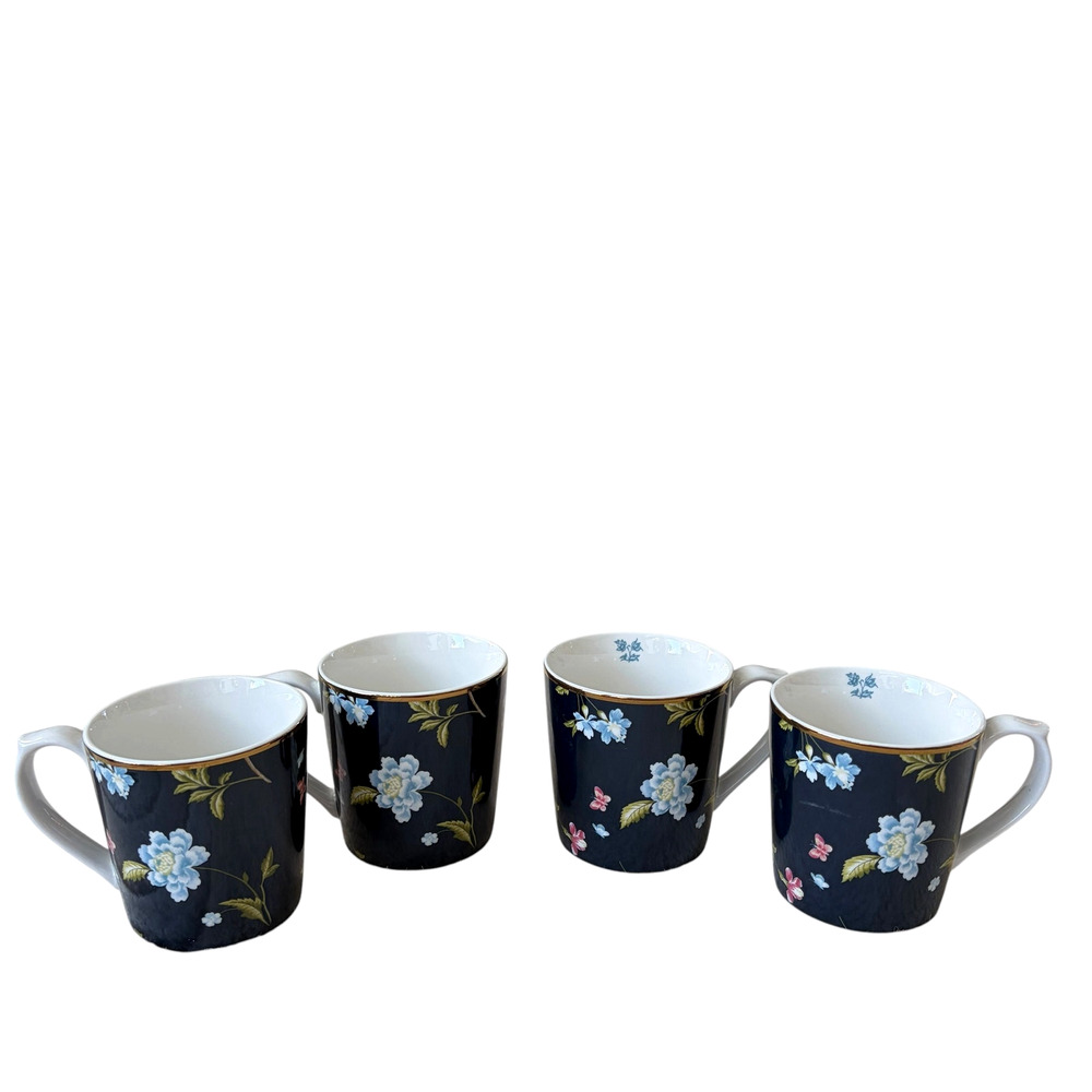 NEW Laura Ashley Porcelain Floral Mugs 10oz Set of 4 Navy Blue Gold Accents
